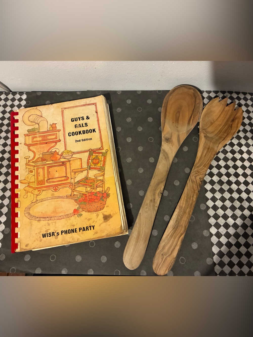 Guys & Gals Cookbook ( well loved) & Wooden Salad Servers